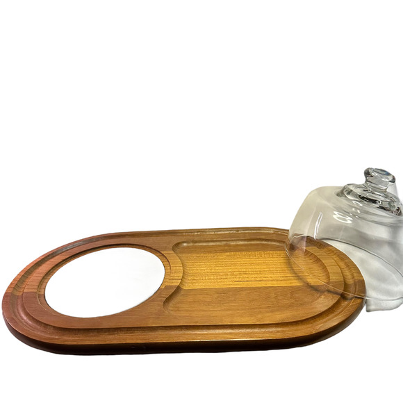 Mid Century Teak , Marble and Glass Cloche Cheese Tray - Picture 3 of 3
